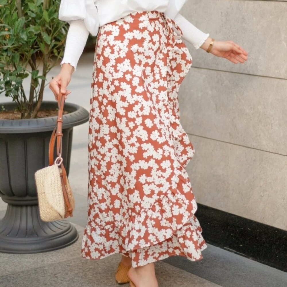 Floral Faux Wrap Ruffled Maxi Skirt